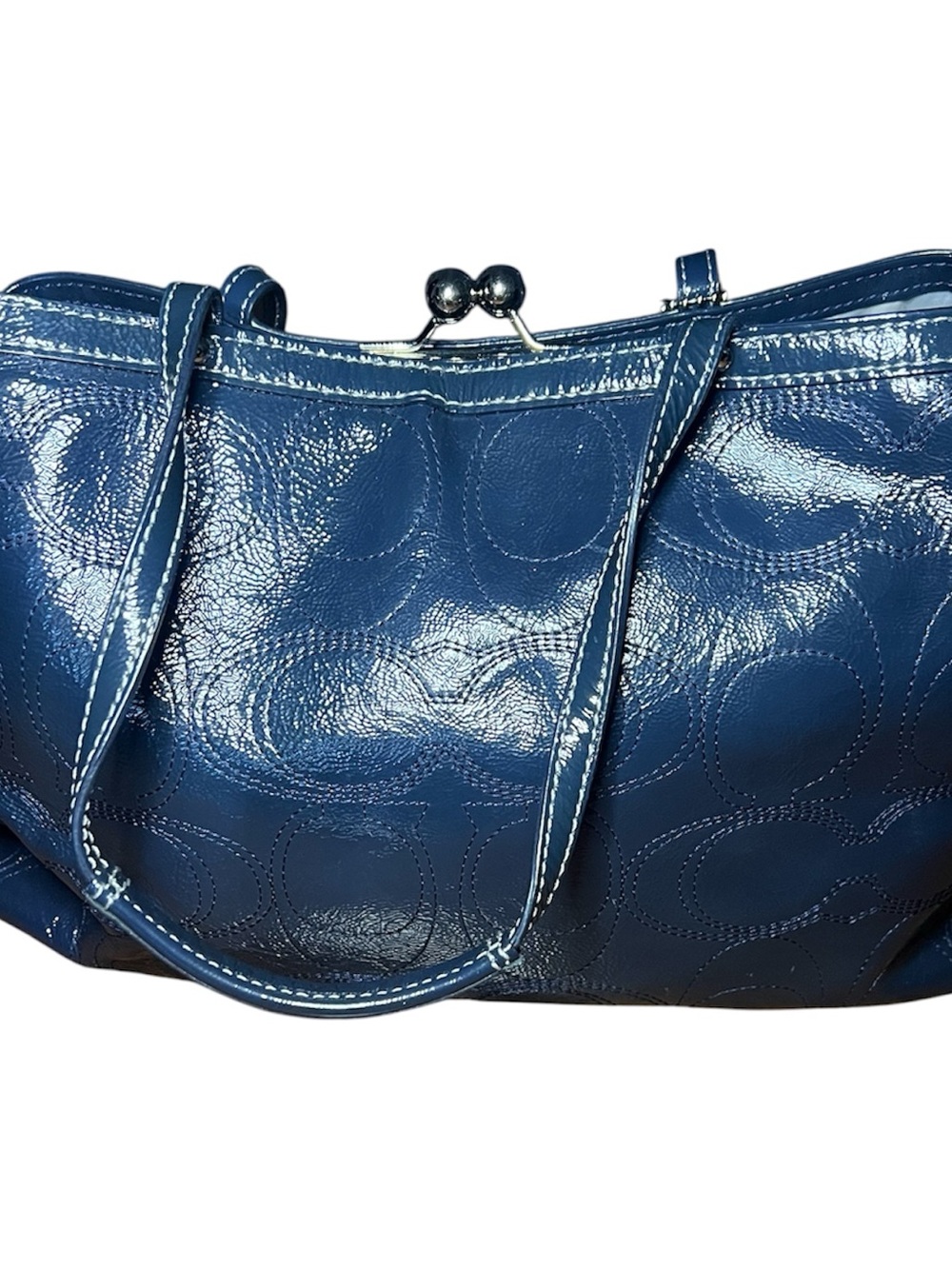 Coach - Signature stitched patent leather kiss lock shoulder bag, Navy Blue - Picture 3 of 6